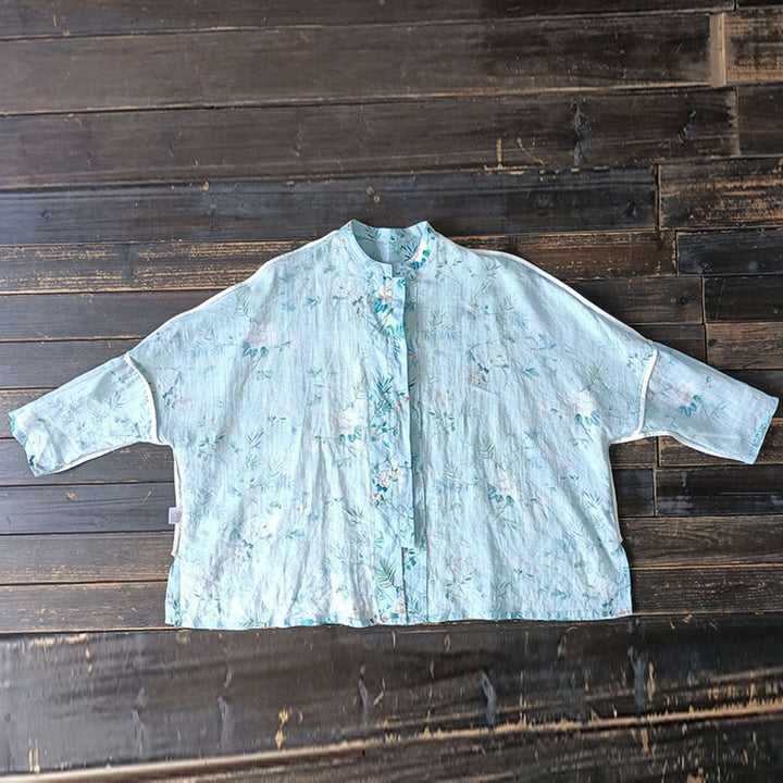 Buddha Stones Light Green Pink Flowers Green Leaves Frog-Button Long Sleeve Ramie Linen Jacket Shirt - image 17