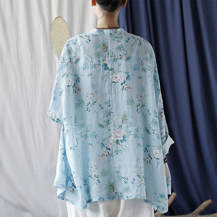 Buddha Stones Light Green Pink Flowers Green Leaves Frog-Button Long Sleeve Ramie Linen Jacket Shirt - image 3