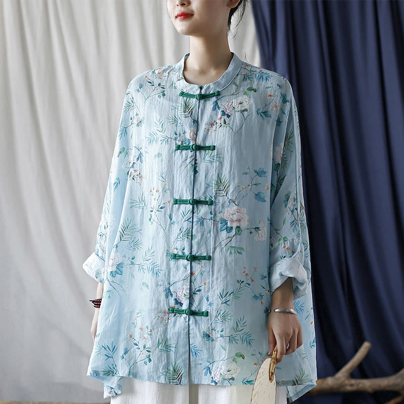 Buddha Stones Light Green Pink Flowers Green Leaves Frog-Button Long Sleeve Ramie Linen Jacket Shirt - image 23