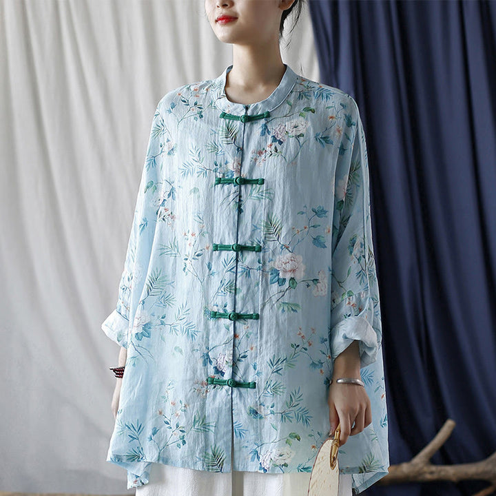 Buddha Stones Light Green Pink Flowers Green Leaves Frog-Button Long Sleeve Ramie Linen Jacket Shirt - image 23