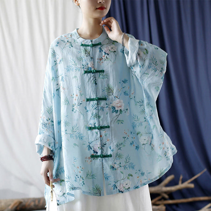 Buddha Stones Light Green Pink Flowers Green Leaves Frog-Button Long Sleeve Ramie Linen Jacket Shirt - image 24