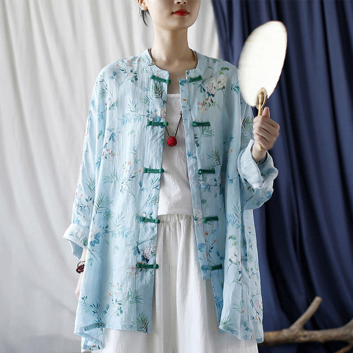 Buddha Stones Light Green Pink Flowers Green Leaves Frog-Button Long Sleeve Ramie Linen Jacket Shirt - image 26
