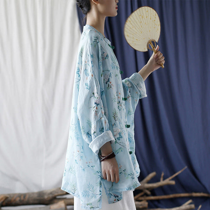 Buddha Stones Light Green Pink Flowers Green Leaves Frog-Button Long Sleeve Ramie Linen Jacket Shirt - image 2