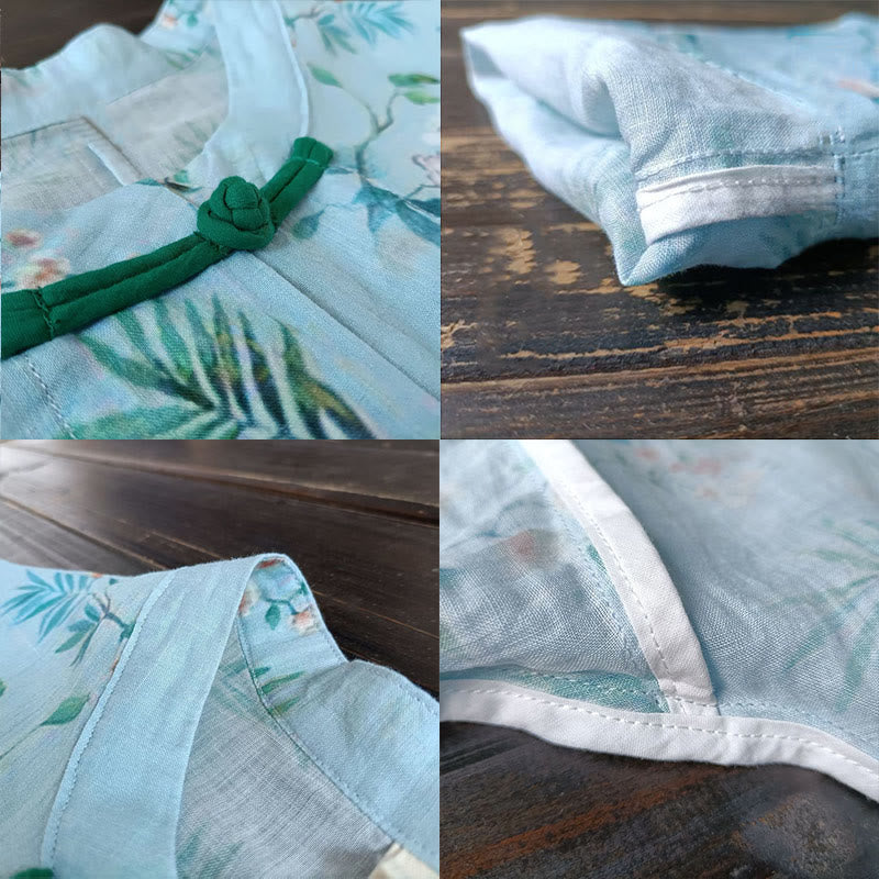 Buddha Stones Light Green Pink Flowers Green Leaves Frog-Button Long Sleeve Ramie Linen Jacket Shirt - image 9