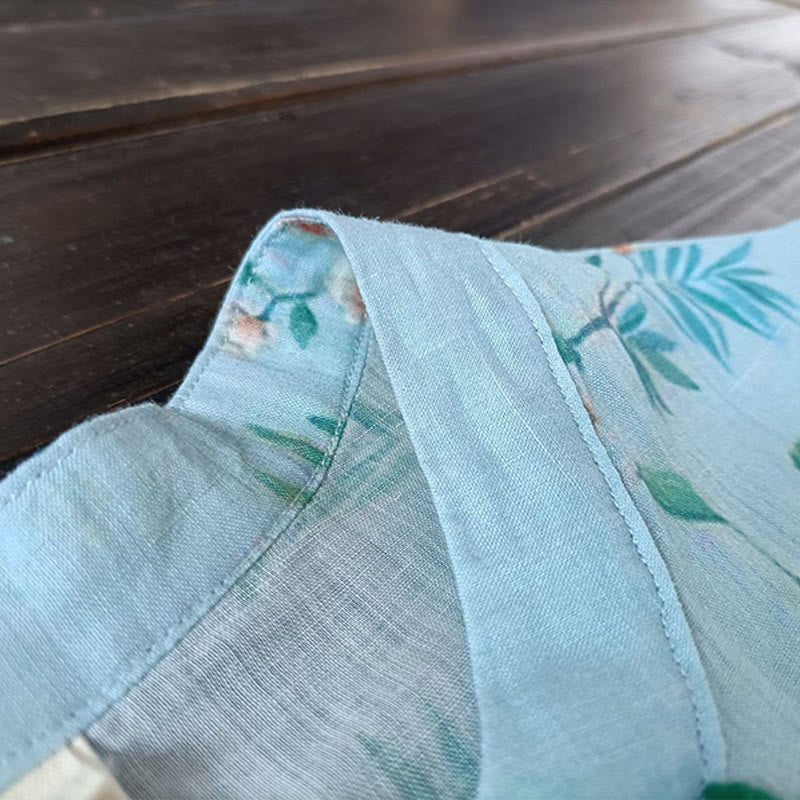 Buddha Stones Light Green Pink Flowers Green Leaves Frog-Button Long Sleeve Ramie Linen Jacket Shirt - image 11