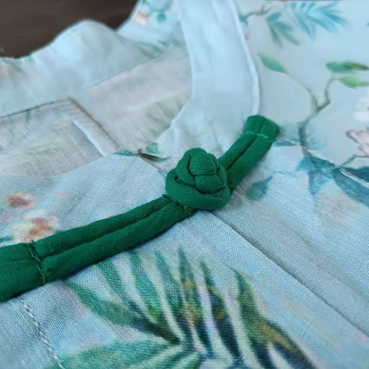 Buddha Stones Light Green Pink Flowers Green Leaves Frog-Button Long Sleeve Ramie Linen Jacket Shirt - image 10