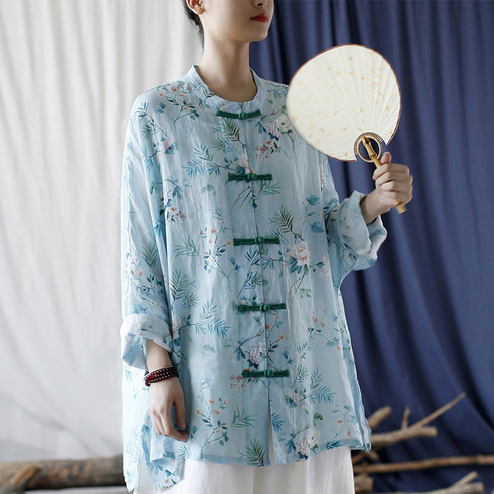 Buddha Stones Light Green Pink Flowers Green Leaves Frog-Button Long Sleeve Ramie Linen Jacket Shirt - image 27