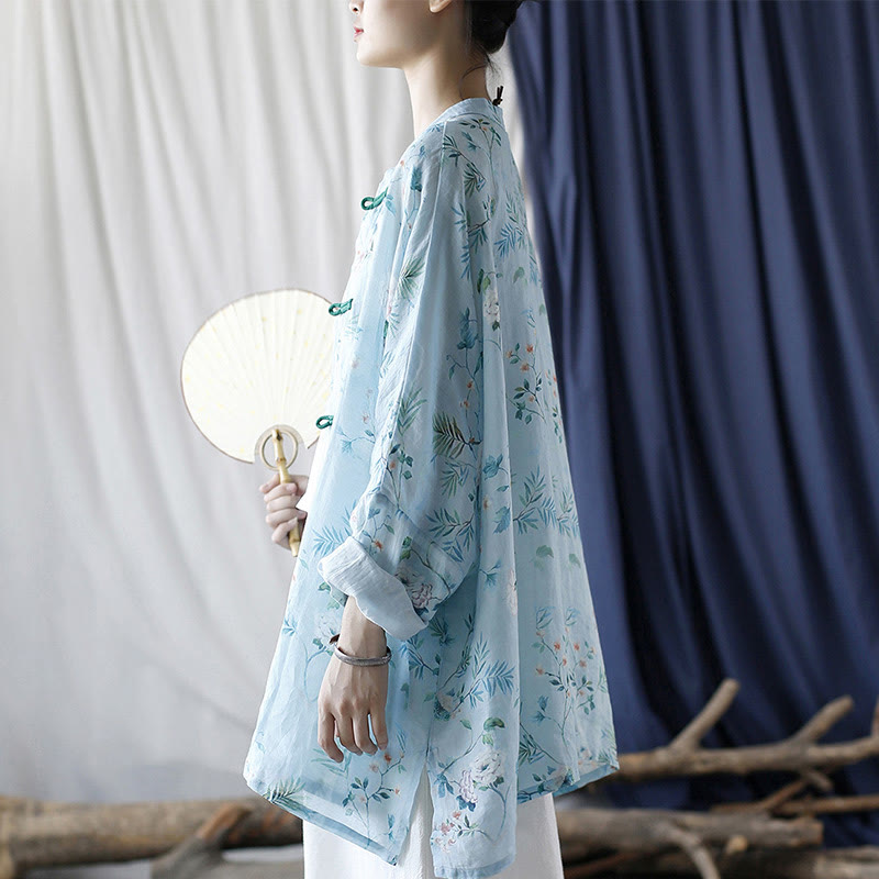 Buddha Stones Light Green Pink Flowers Green Leaves Frog-Button Long Sleeve Ramie Linen Jacket Shirt - image 6