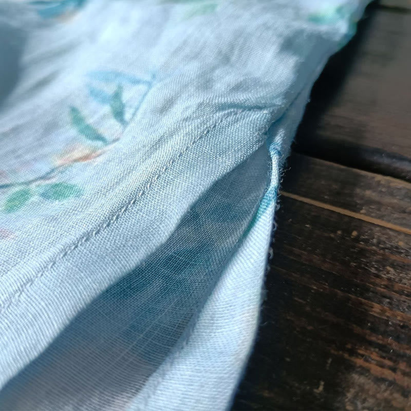 Buddha Stones Light Green Pink Flowers Green Leaves Frog-Button Long Sleeve Ramie Linen Jacket Shirt - image 14