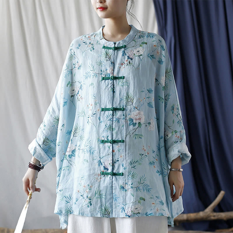 Buddha Stones Light Green Pink Flowers Green Leaves Frog-Button Long Sleeve Ramie Linen Jacket Shirt - image 1