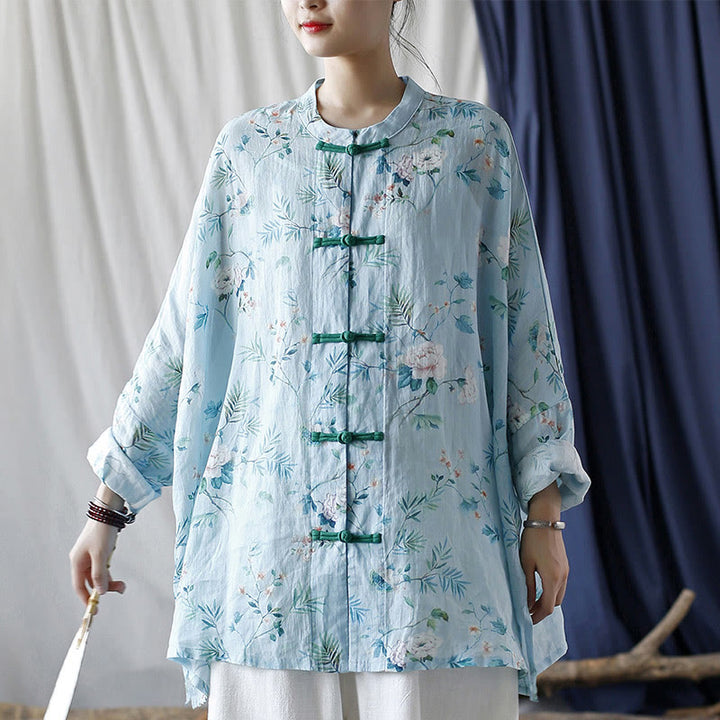 Buddha Stones Light Green Pink Flowers Green Leaves Frog-Button Long Sleeve Ramie Linen Jacket Shirt - image 1