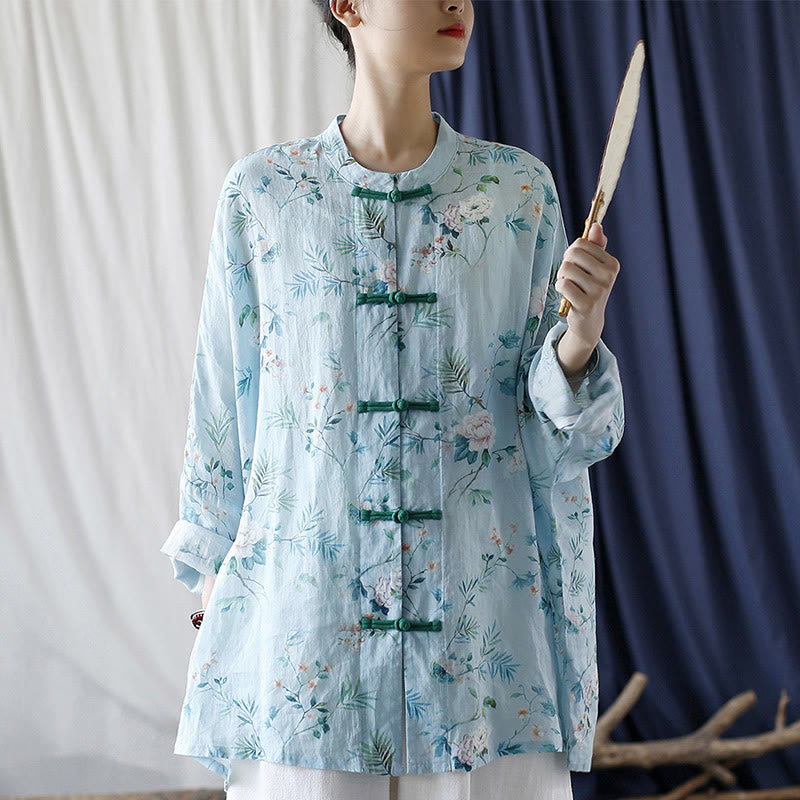 Buddha Stones Light Green Pink Flowers Green Leaves Frog-Button Long Sleeve Ramie Linen Jacket Shirt - image 30