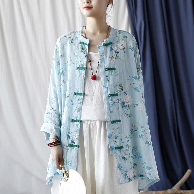 Buddha Stones Light Green Pink Flowers Green Leaves Frog-Button Long Sleeve Ramie Linen Jacket Shirt - F(Bust 174cm/Shoulder 99cm/Length 76cm)(Jacket Only) - image 0