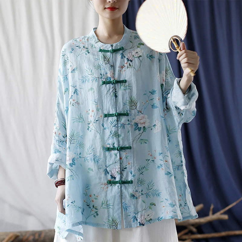 Buddha Stones Light Green Pink Flowers Green Leaves Frog-Button Long Sleeve Ramie Linen Jacket Shirt - image 34