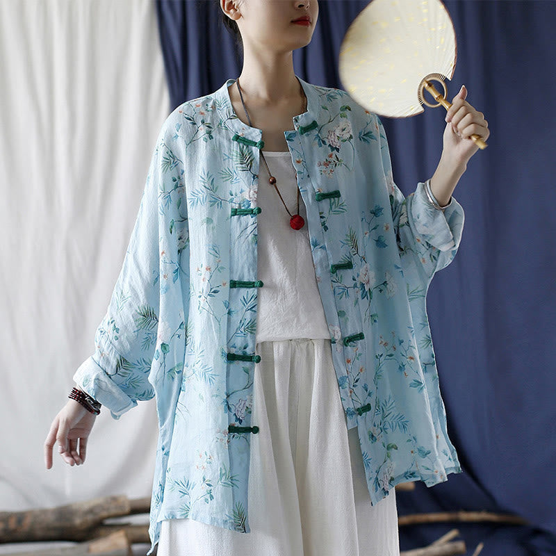 Buddha Stones Light Green Pink Flowers Green Leaves Frog-Button Long Sleeve Ramie Linen Jacket Shirt - image 32