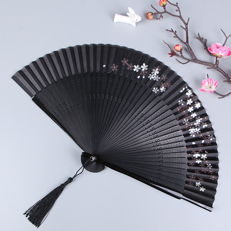 Buddha Stones Cherry Blossom Sakura Camellia Handheld Silk Bamboo Folding Fan 21cm - Black Cherry Blossom 21cm - image 0