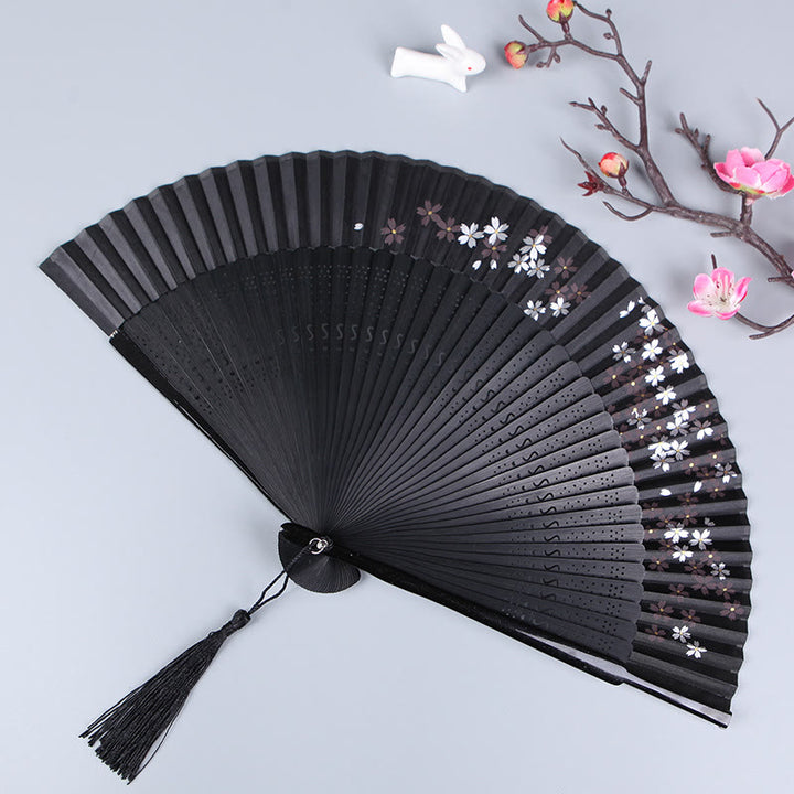 Buddha Stones Cherry Blossom Sakura Camellia Handheld Silk Bamboo Folding Fan 21cm - Black Cherry Blossom 21cm - image 0
