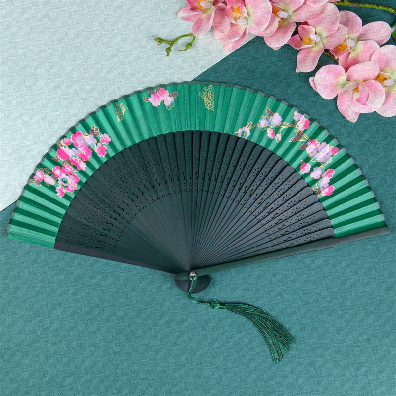 Buddha Stones Cherry Blossom Sakura Camellia Handheld Silk Bamboo Folding Fan 21cm - Green Camellia 21cm - image 7