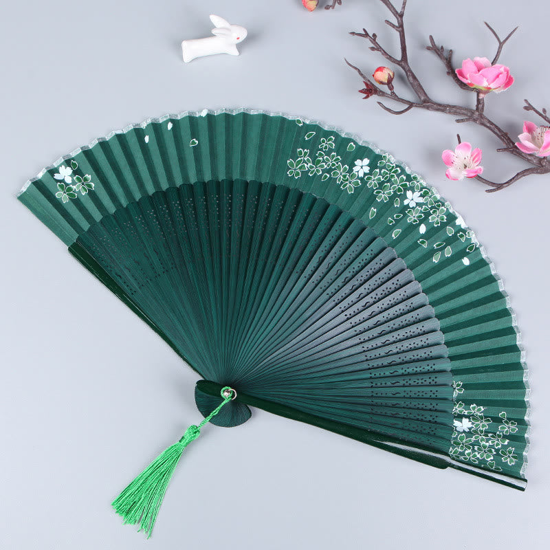 Buddha Stones Cherry Blossom Sakura Camellia Handheld Silk Bamboo Folding Fan 21cm - Green Cherry Blossom 21cm - image 5