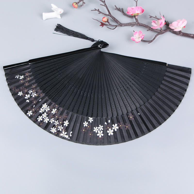 Buddha Stones Cherry Blossom Sakura Camellia Handheld Silk Bamboo Folding Fan 21cm - image 2