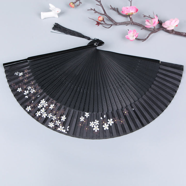 Buddha Stones Cherry Blossom Sakura Camellia Handheld Silk Bamboo Folding Fan 21cm - image 2