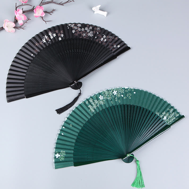 Buddha Stones Cherry Blossom Sakura Camellia Handheld Silk Bamboo Folding Fan 21cm - image 1