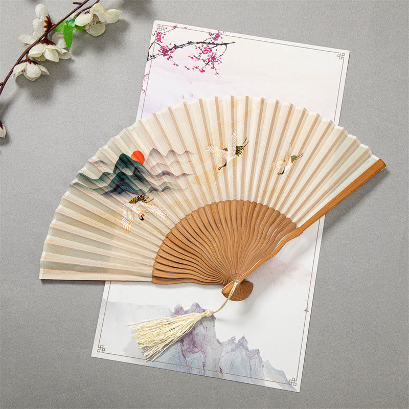 Buddha Stones Flying White Crane Sun Cloud Handheld Silk Bamboo Folding Fan 22cm - White Brown Crane Sun 22cm - image 2