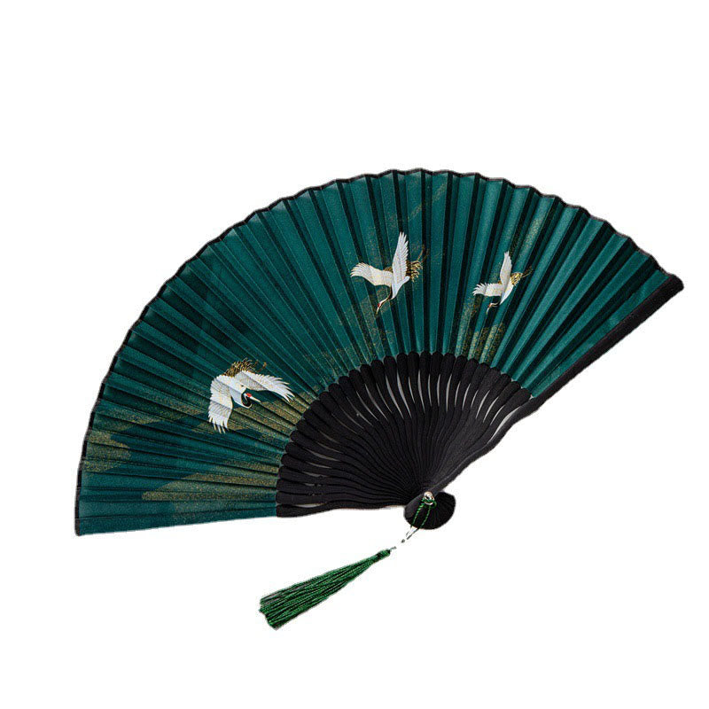Buddha Stones Flying White Crane Sun Cloud Handheld Silk Bamboo Folding Fan 22cm - image 8