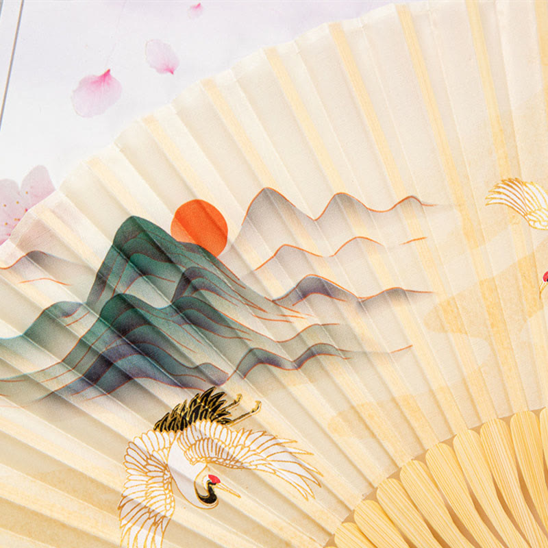 Buddha Stones Flying White Crane Sun Cloud Handheld Silk Bamboo Folding Fan 22cm - image 1