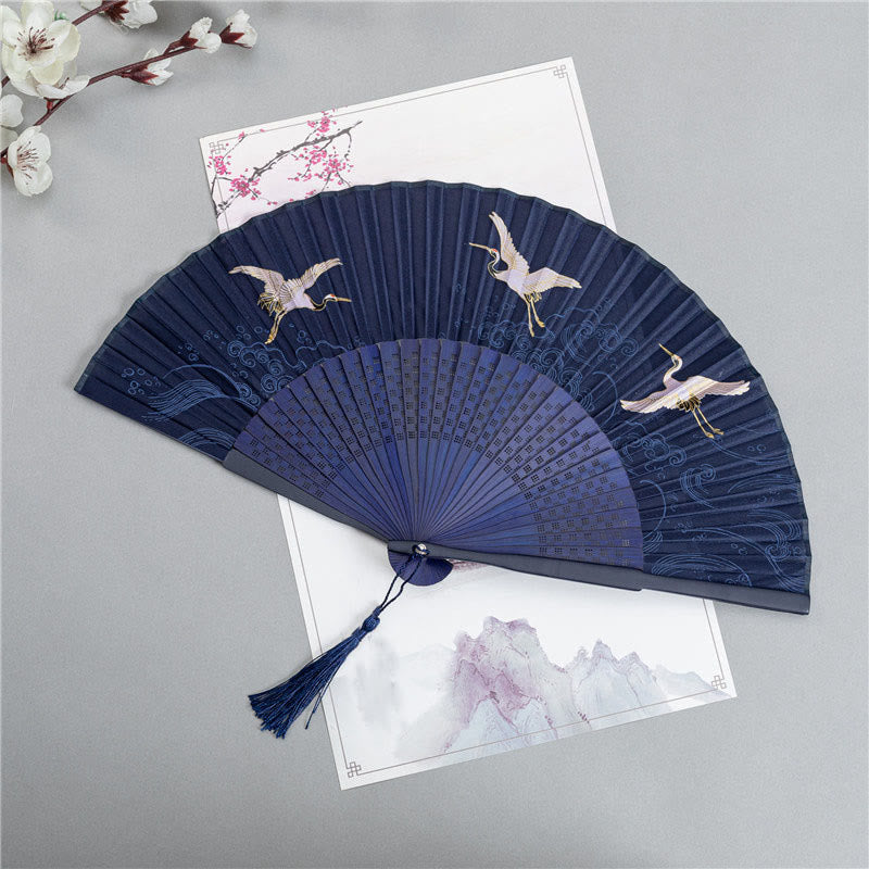 Buddha Stones Crane Dragonfly Lotus Peony Plum Blossom Butterfly Handheld Silk Bamboo Folding Fan 22.5cm - Crane 22.5cm - image 0