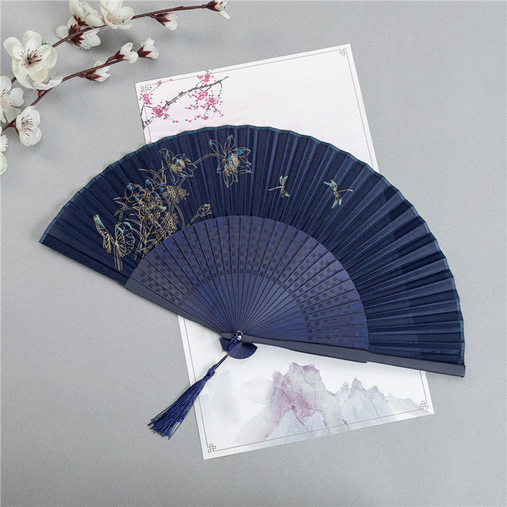 Buddha Stones Crane Dragonfly Lotus Peony Plum Blossom Butterfly Handheld Silk Bamboo Folding Fan 22.5cm - Dragonfly Lotus 22.5cm - image 4