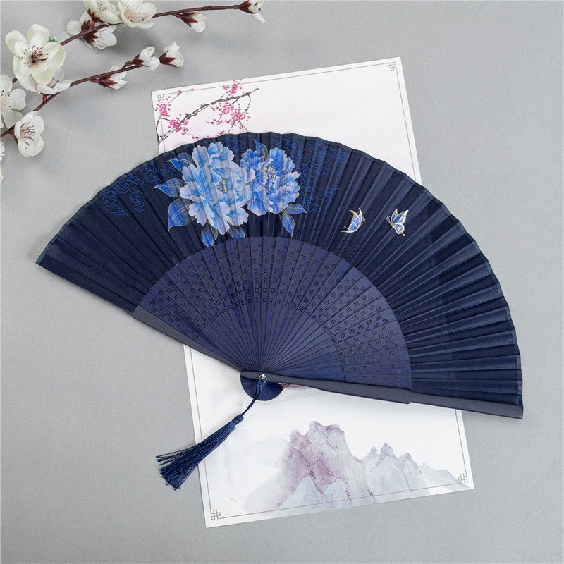 Buddha Stones Crane Dragonfly Lotus Peony Plum Blossom Butterfly Handheld Silk Bamboo Folding Fan 22.5cm - Peony 22.5cm - image 5