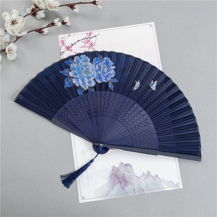 Buddha Stones Crane Dragonfly Lotus Peony Plum Blossom Butterfly Handheld Silk Bamboo Folding Fan 22.5cm - Peony 22.5cm - image 5