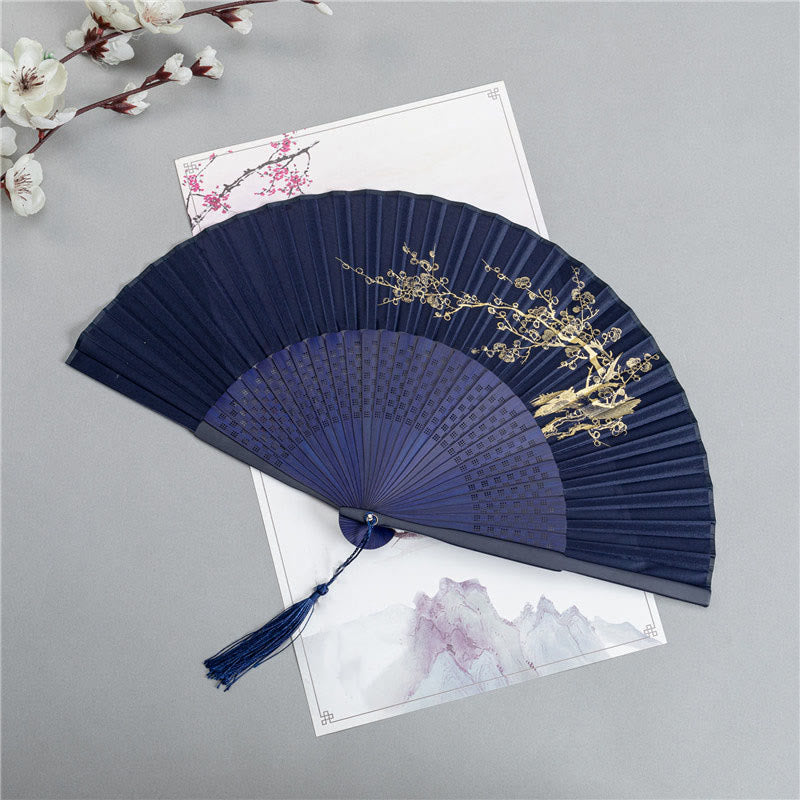 Buddha Stones Crane Dragonfly Lotus Peony Plum Blossom Butterfly Handheld Silk Bamboo Folding Fan 22.5cm - Plum Blossom 22.5cm - image 7