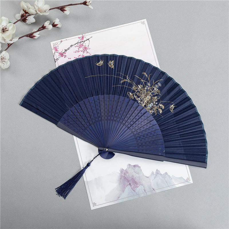 Buddha Stones Crane Dragonfly Lotus Peony Plum Blossom Butterfly Handheld Silk Bamboo Folding Fan 22.5cm - Butterfly Flower 22.5cm - image 9