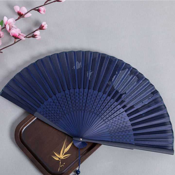 Buddha Stones Crane Dragonfly Lotus Peony Plum Blossom Butterfly Handheld Silk Bamboo Folding Fan 22.5cm - image 6