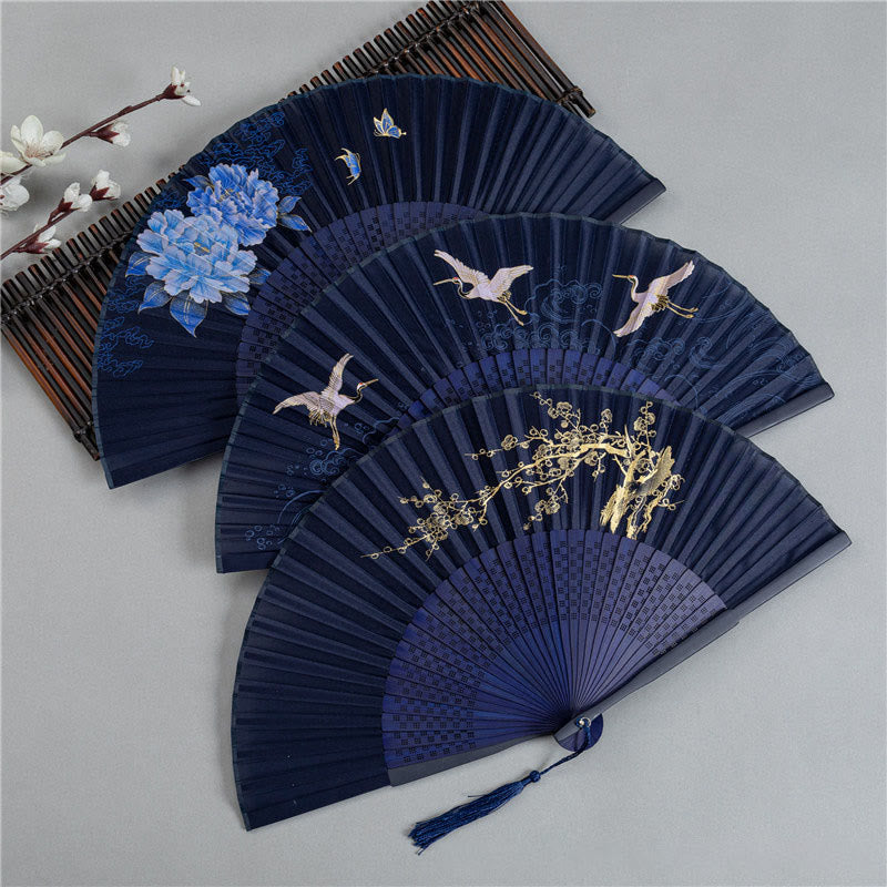 Buddha Stones Crane Dragonfly Lotus Peony Plum Blossom Butterfly Handheld Silk Bamboo Folding Fan 22.5cm - image 1