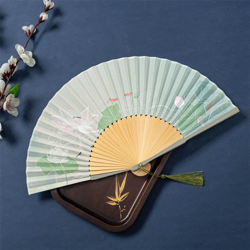 Buddha Stones Lotus Begonia Flower Jasmine Handheld Bamboo Folding Fan 21cm - Beige Green Lotus 21cm - Ordinary Tassel - image 1