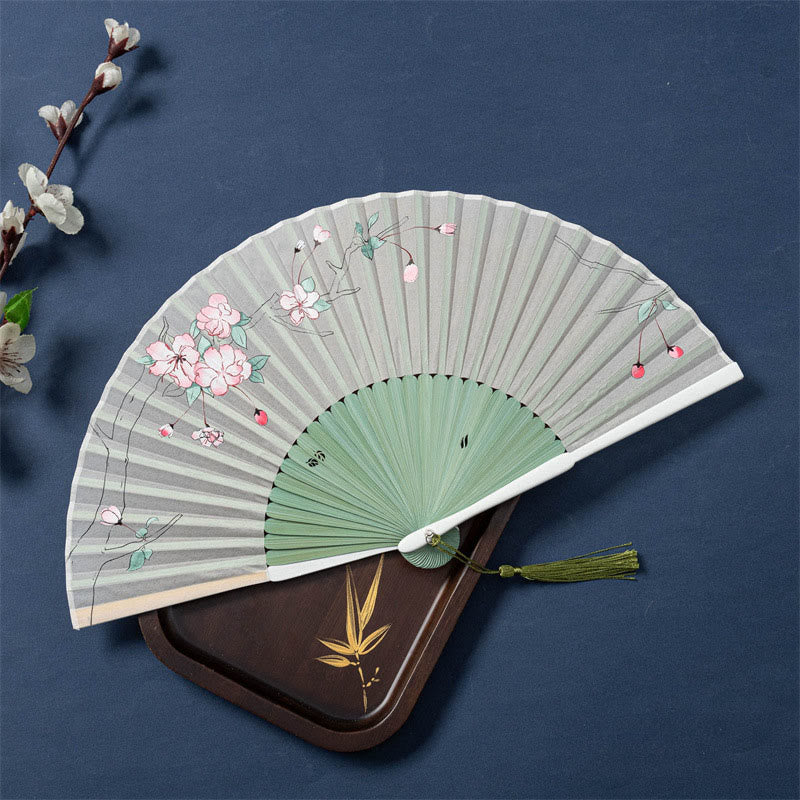 Buddha Stones Lotus Begonia Flower Jasmine Handheld Bamboo Folding Fan 21cm - Green Begonia Flower 21cm - Ordinary Tassel - image 5