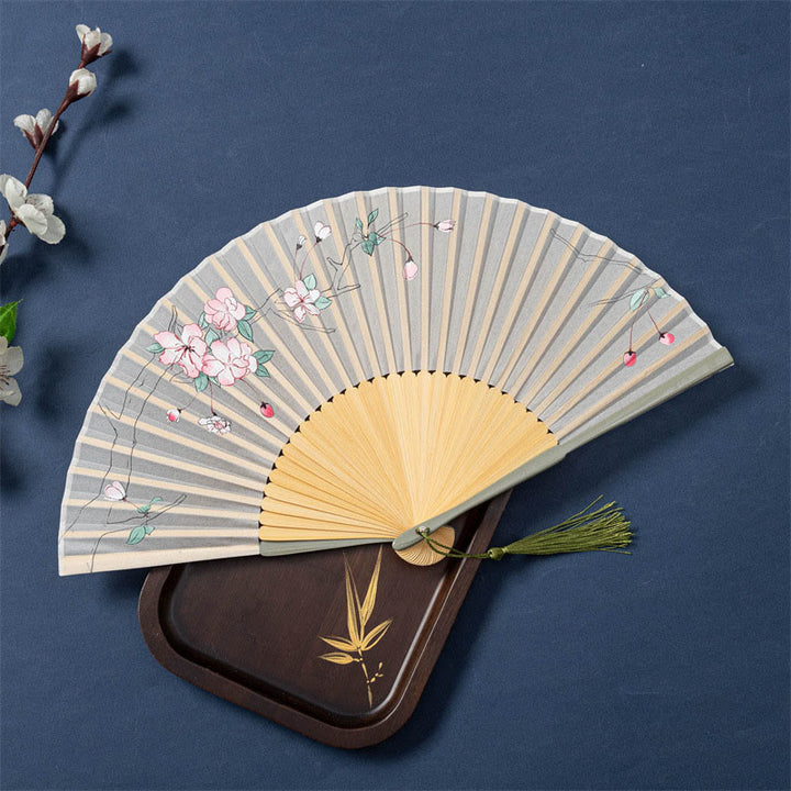 Buddha Stones Lotus Begonia Flower Jasmine Handheld Bamboo Folding Fan 21cm - Beige Begonia Flower 21cm - Ordinary Tassel - image 7