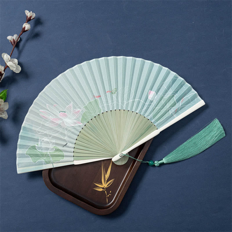 Buddha Stones Lotus Begonia Flower Jasmine Handheld Bamboo Folding Fan 21cm - Green Lotus 21cm - Special Tassel - image 15