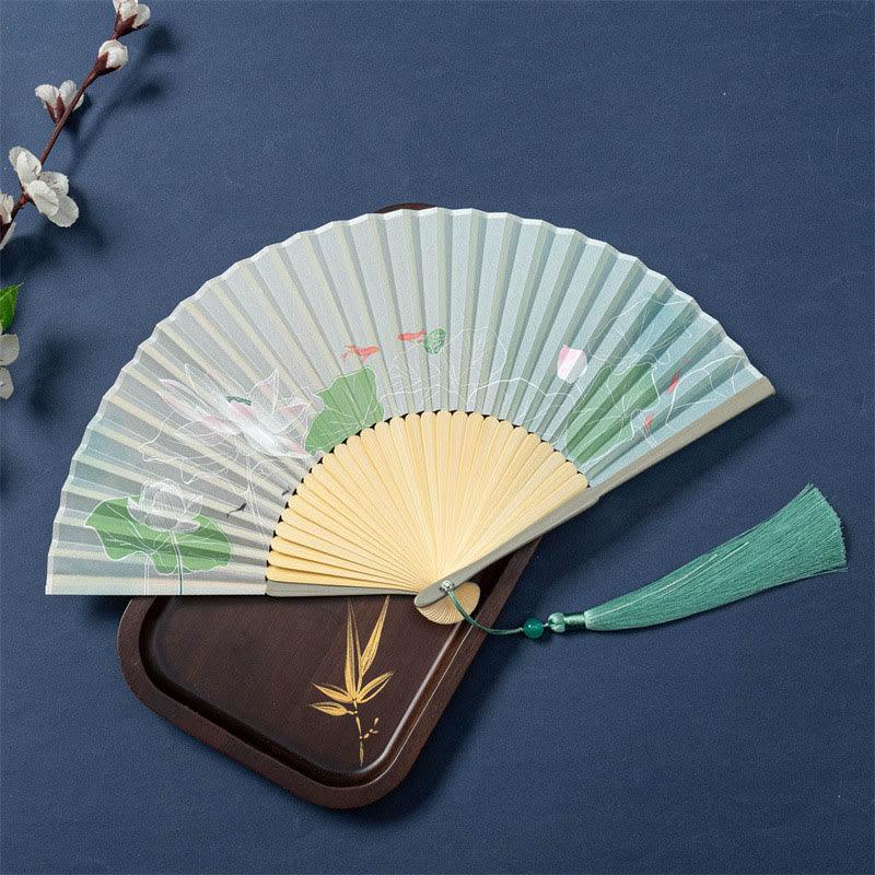 Buddha Stones Lotus Begonia Flower Jasmine Handheld Bamboo Folding Fan 21cm - Beige Green Lotus 21cm - Special Tassel - image 4