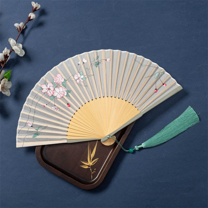 Buddha Stones Lotus Begonia Flower Jasmine Handheld Bamboo Folding Fan 21cm - Beige Begonia Flower 21cm - Special Tassel - image 9