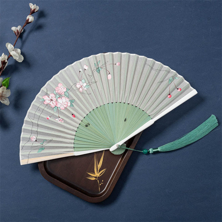 Buddha Stones Lotus Begonia Flower Jasmine Handheld Bamboo Folding Fan 21cm - Green Begonia Flower 21cm - Special Tassel - image 6