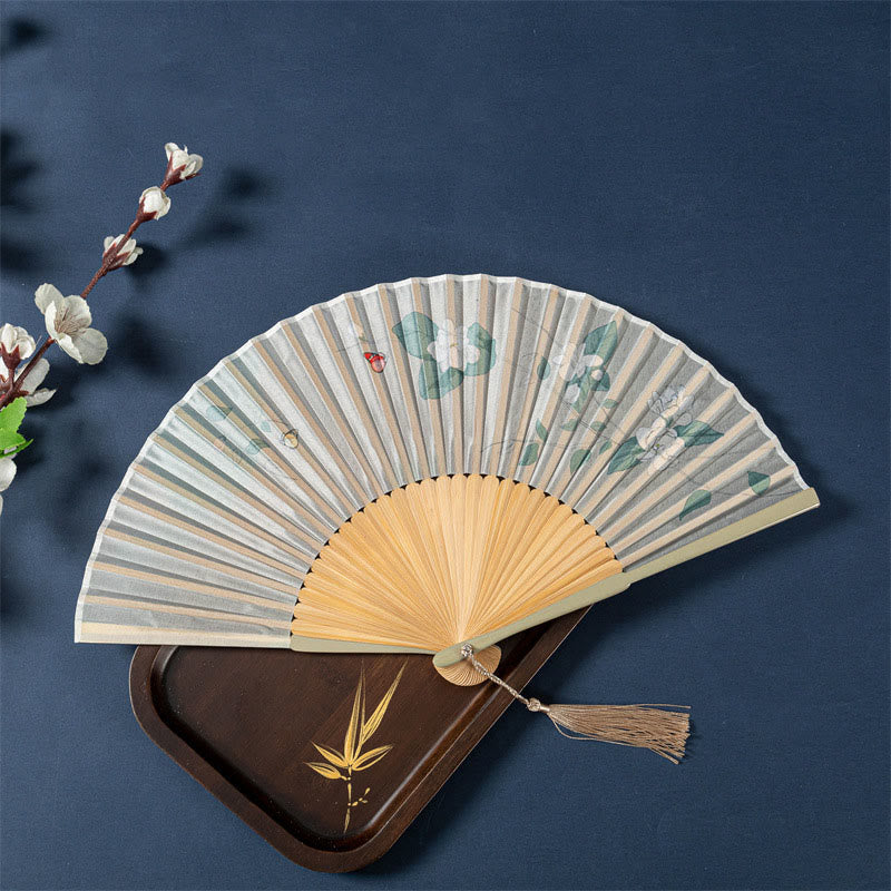 Buddha Stones Lotus Begonia Flower Jasmine Handheld Bamboo Folding Fan 21cm - Jasmine Wide Fan 21cm - Ordinary Tassel - image 10
