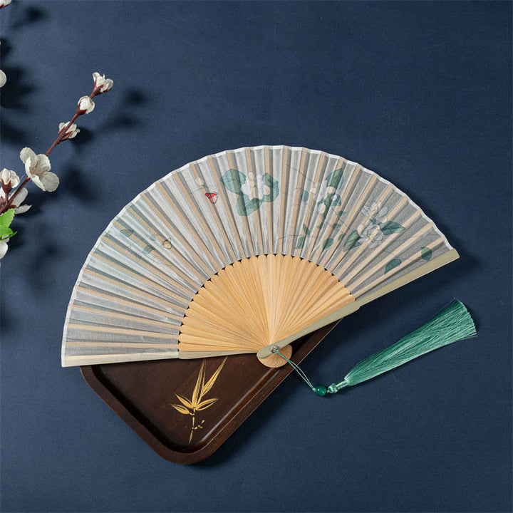 Buddha Stones Lotus Begonia Flower Jasmine Handheld Bamboo Folding Fan 21cm - Jasmine Wide Fan 21cm - Special Tassel - image 11