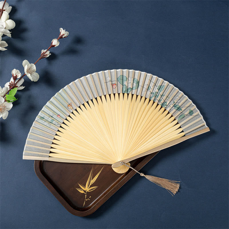 Buddha Stones Lotus Begonia Flower Jasmine Handheld Bamboo Folding Fan 21cm - Jasmine Narrow Fan 21cm - Ordinary Tassel - image 12