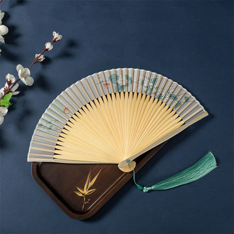 Buddha Stones Lotus Begonia Flower Jasmine Handheld Bamboo Folding Fan 21cm - Jasmine Narrow Fan 21cm - Special Tassel - image 14