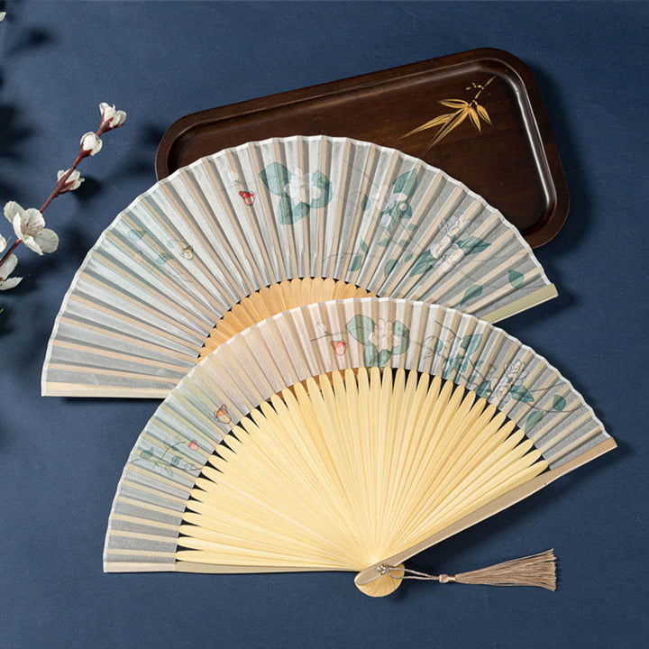 Buddha Stones Lotus Begonia Flower Jasmine Handheld Bamboo Folding Fan 21cm - image 13