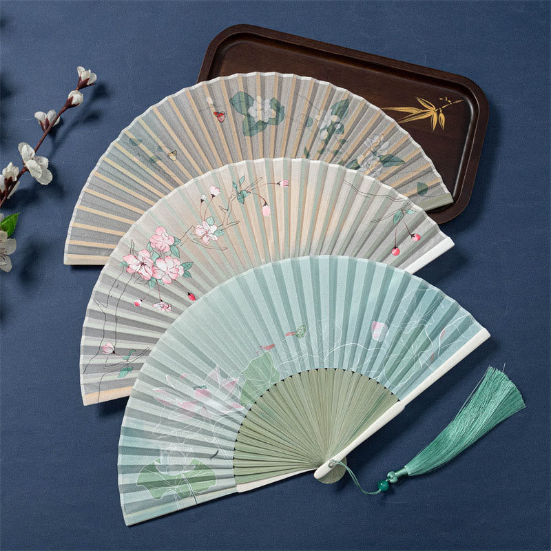 Buddha Stones Lotus Begonia Flower Jasmine Handheld Bamboo Folding Fan 21cm - image 0